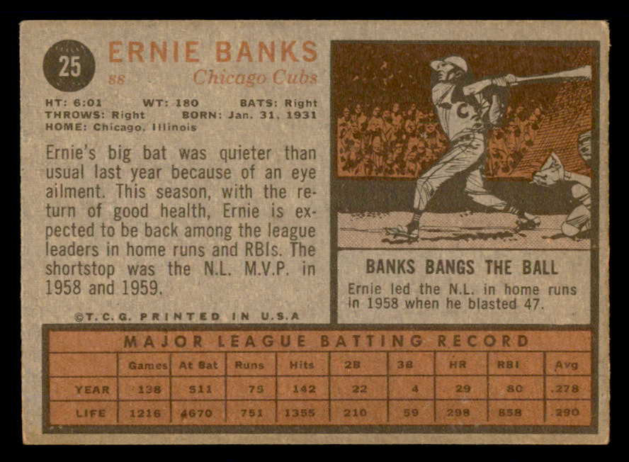 1962 Topps Baseball #025 Ernie Banks Cubs EX 540489