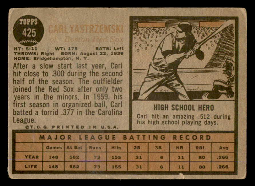 1962 Topps Baseball #425 Carl Yastrzemski Red Sox VG 540507