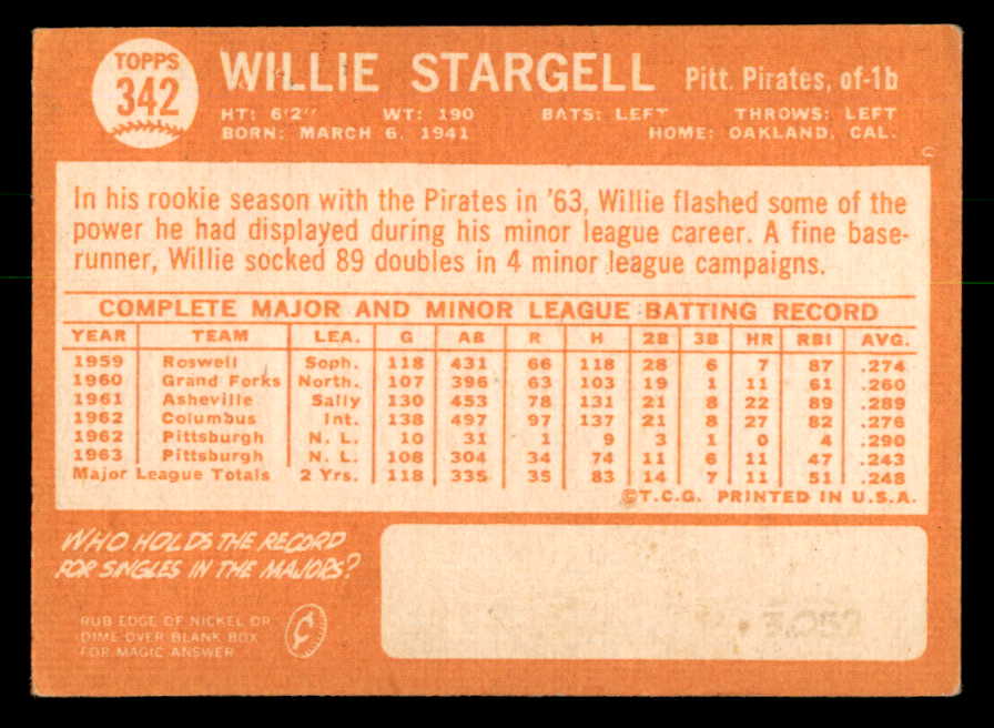 1964 Topps Baseball #342 Willie Stargell Pirates VG-EX 540720