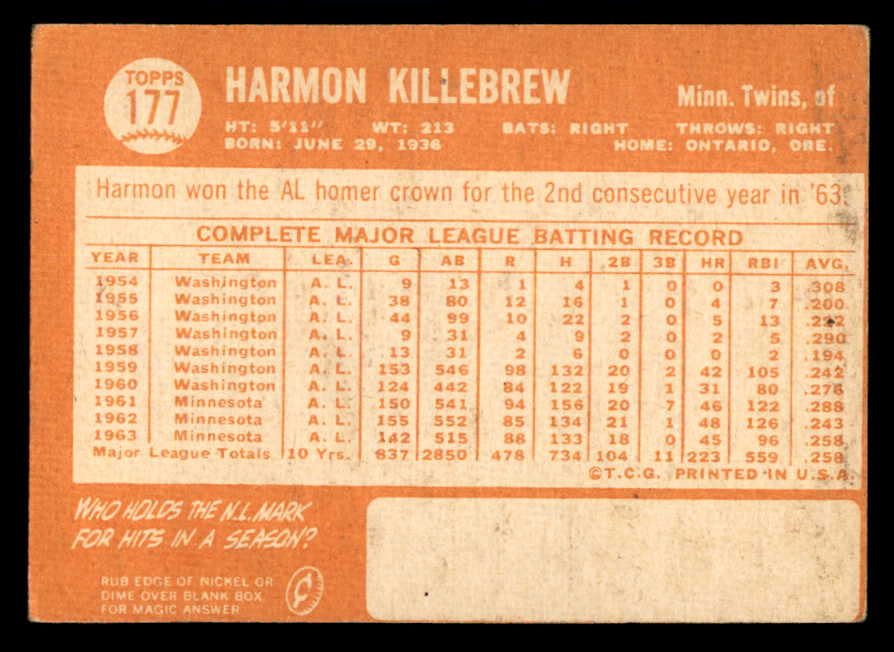 1964 Topps Baseball #177 Harmon Killebrew Twins VG 540753