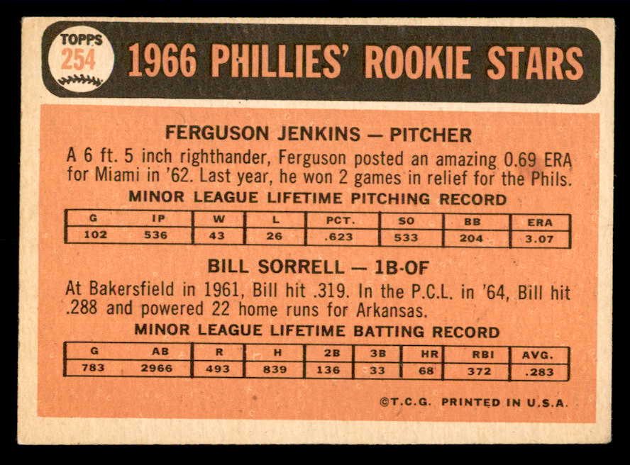 1966 Topps Baseball #254 Fergie Jenkins Phillies VG-EX 540885