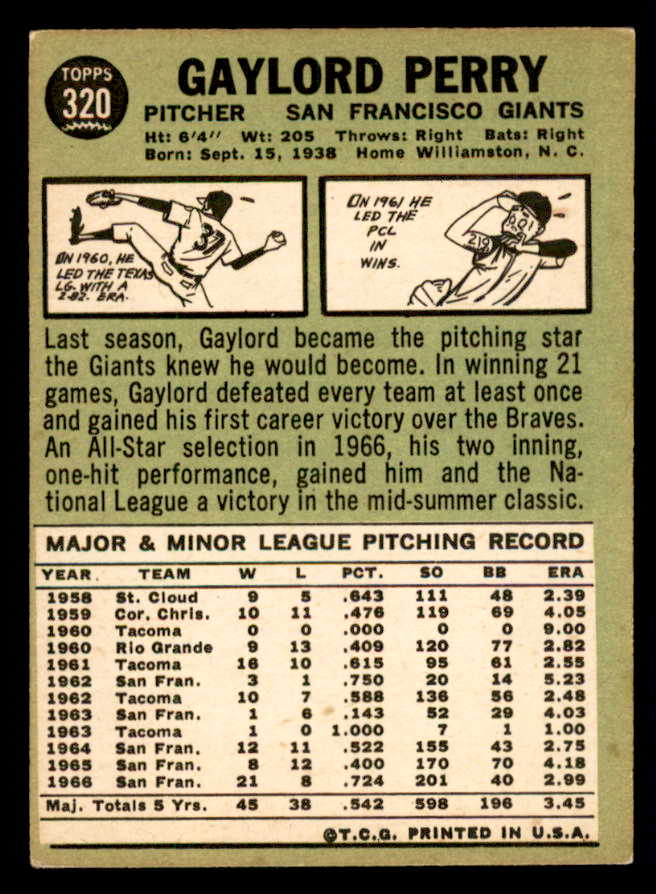 1967 Topps Baseball #320 Gaylord Perry Giants EX+/EX-MT 540960