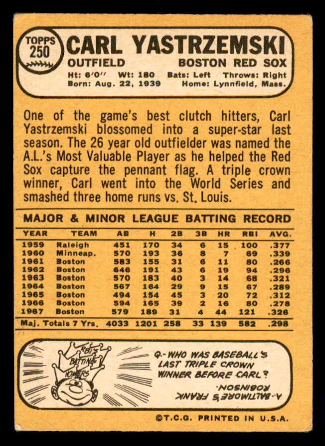 1968 Topps Baseball #250 Carl Yastrzemski Red Sox VG-EX 541011