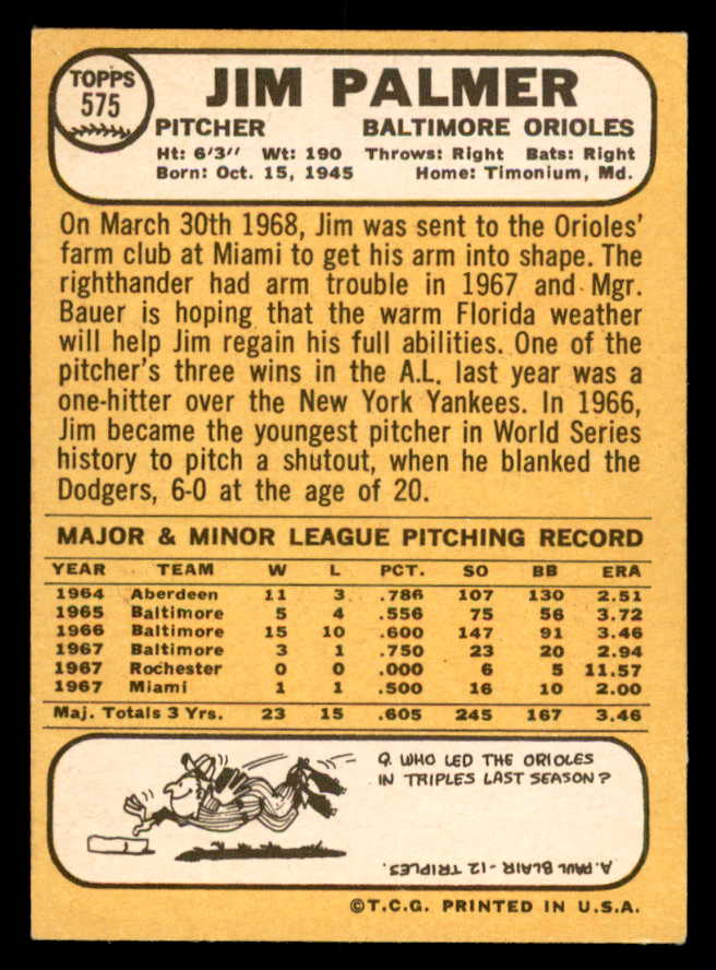 1968 Topps Baseball #575 Jim Palmer Orioles EX-MT 541023