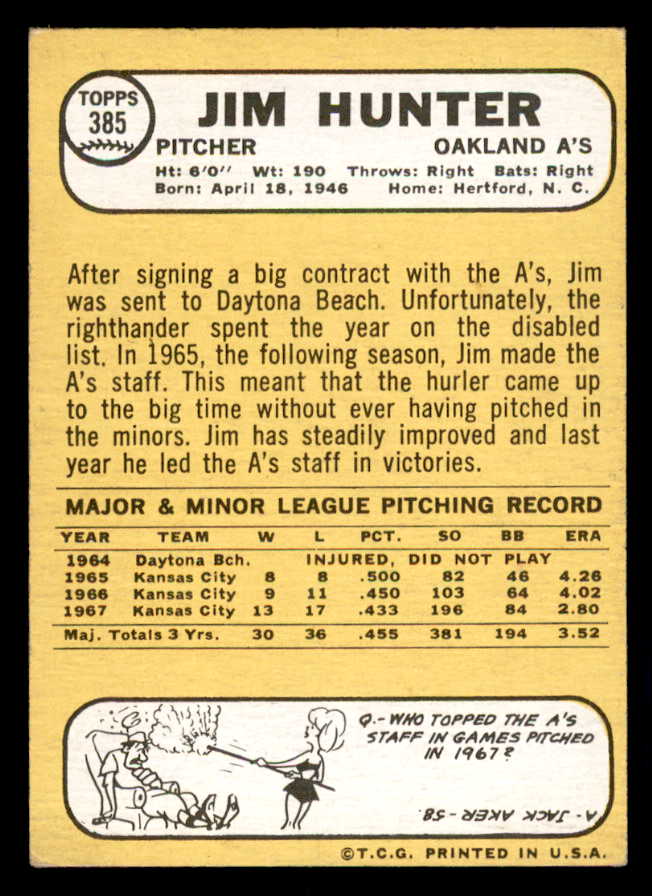 1968 Topps Baseball #385 Catfish Hunter A's EX 541048