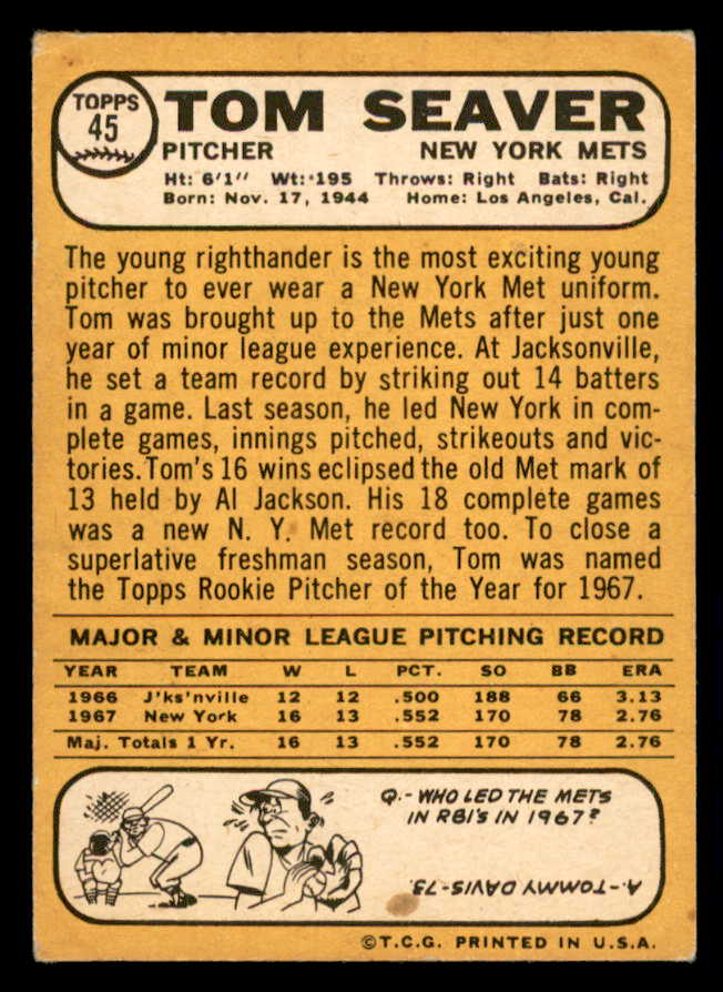 1968 Topps Baseball #045 Tom Seaver Mets VG 541070