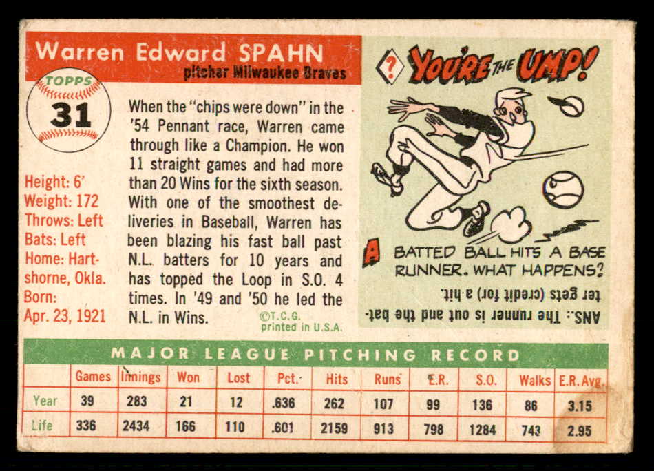 1955 Topps Baseball #031 Warren Spahn Braves VG 541162
