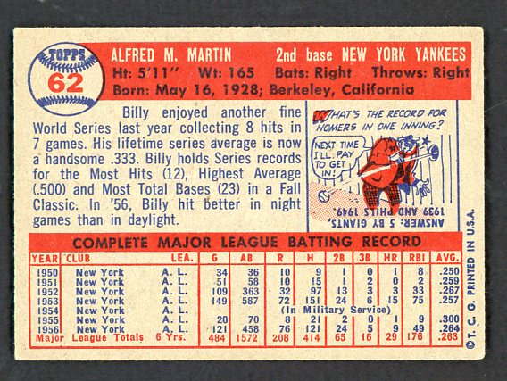 1957 Topps Baseball #062 Billy Martin Yankees VG-EX 541267