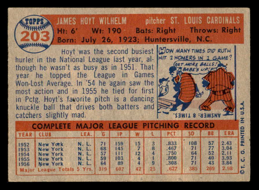 1957 Topps Baseball #203 Hoyt Wilhelm Cardinals VG-EX 541273