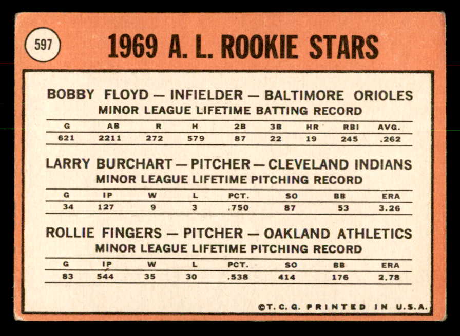 1969 Topps Baseball #597 Rollie Fingers A's EX 541371