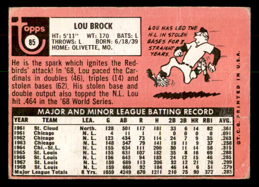 1969 Topps Baseball #085 Lou Brock Cardinals VG 541389