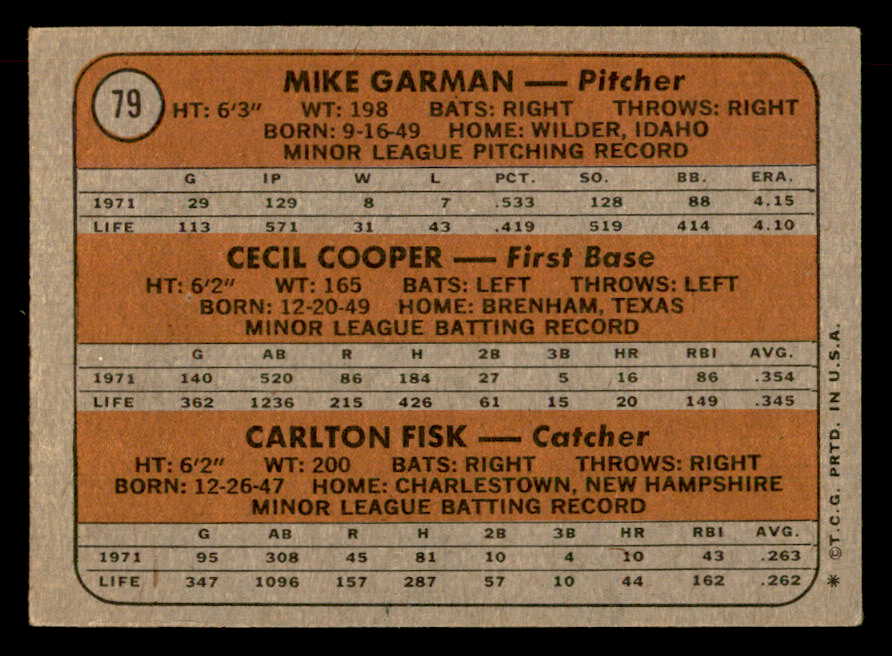 1972 Topps Baseball #079 Carlton Fisk Red Sox VG-EX 541475