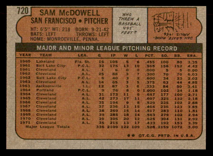 1972 Topps Baseball #720 Sam McDowell Giants EX-MT 541482