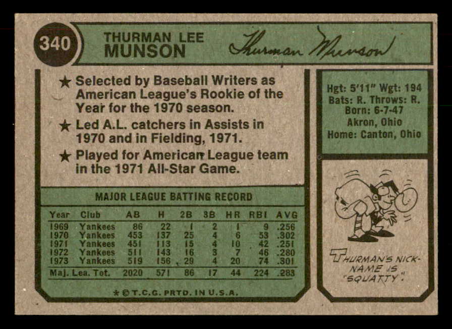1974 Topps Baseball #340 Thurman Munson Yankees EX-MT 541561