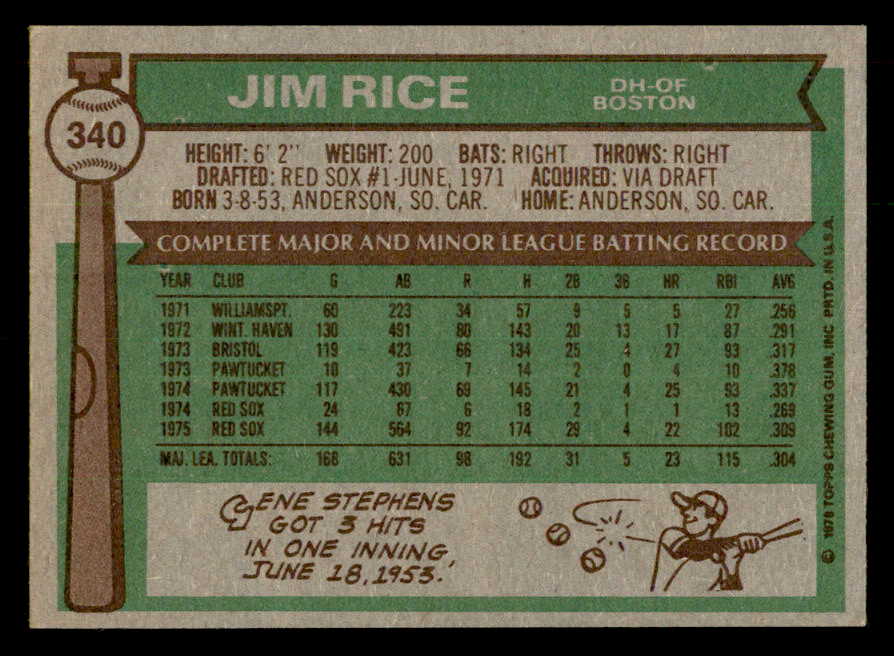 1976 Topps Baseball #340 Jim Rice Red Sox NR-MT 541594