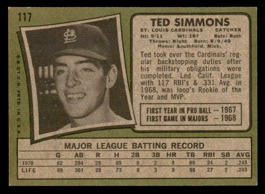 1971 Topps Baseball #117 Ted Simmons Cardinals EX-MT 541663