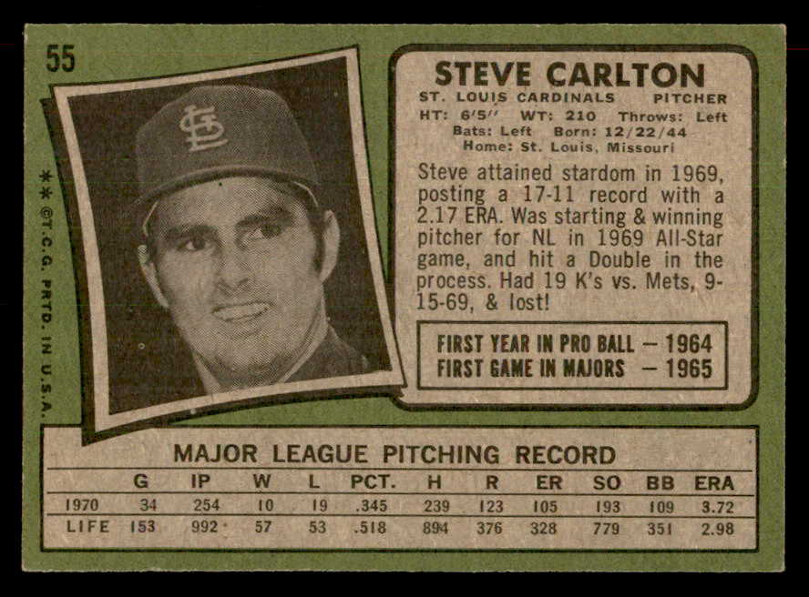 1971 Topps Baseball #055 Steve Carlton Cardinals EX 541685
