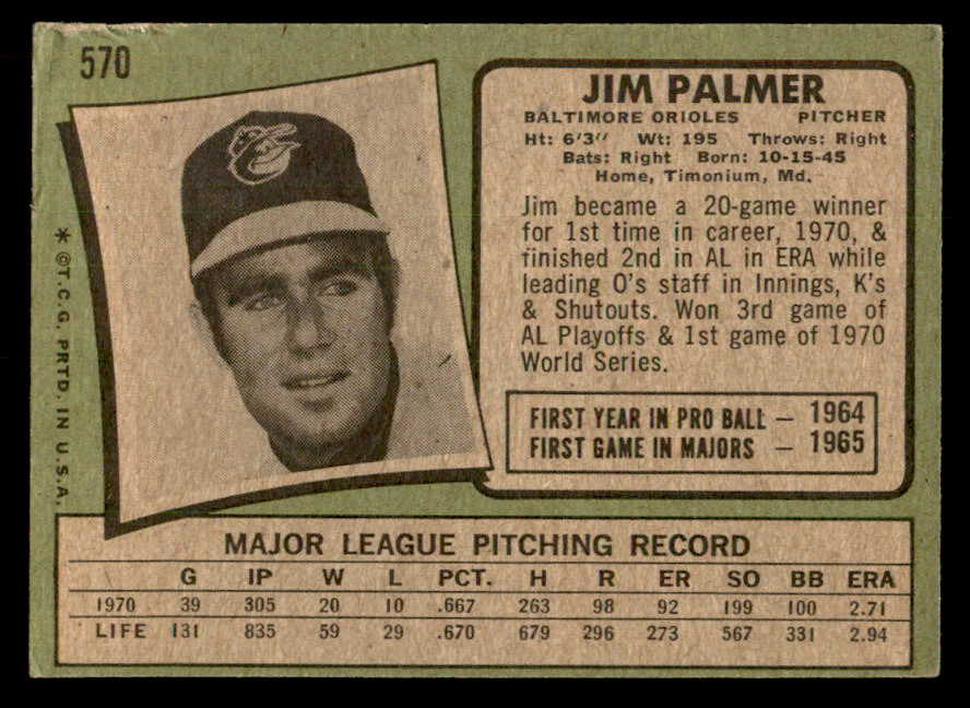 1971 Topps Baseball #570 Jim Palmer Orioles GD-VG 541709