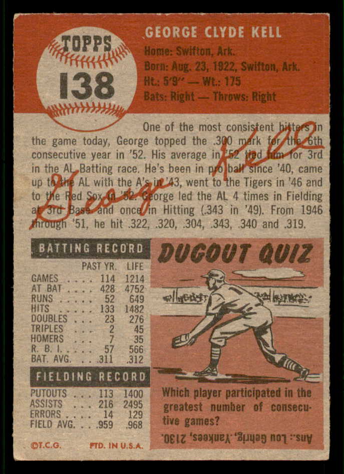 1953 Topps Baseball #138 George Kell Red Sox VG-EX 541815