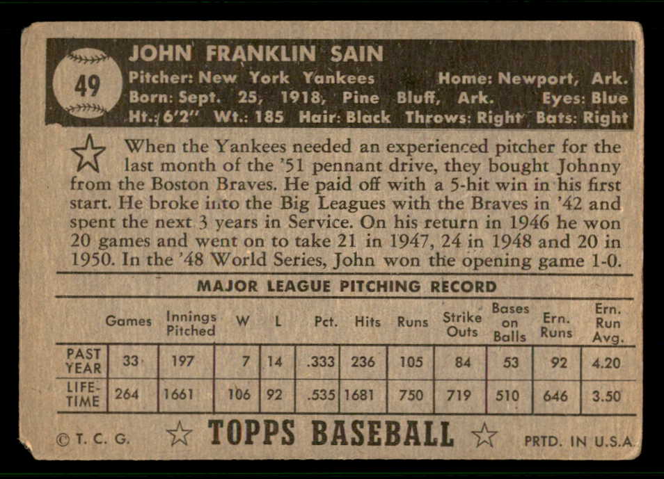 1952 Topps Baseball #049 Johnny Sain Yankees Good Black 541820
