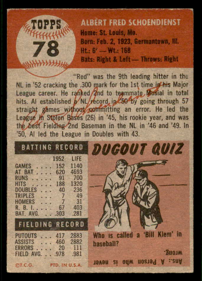 1953 Topps Baseball #078 Red Schoendienst Cardinals VG-EX 541844