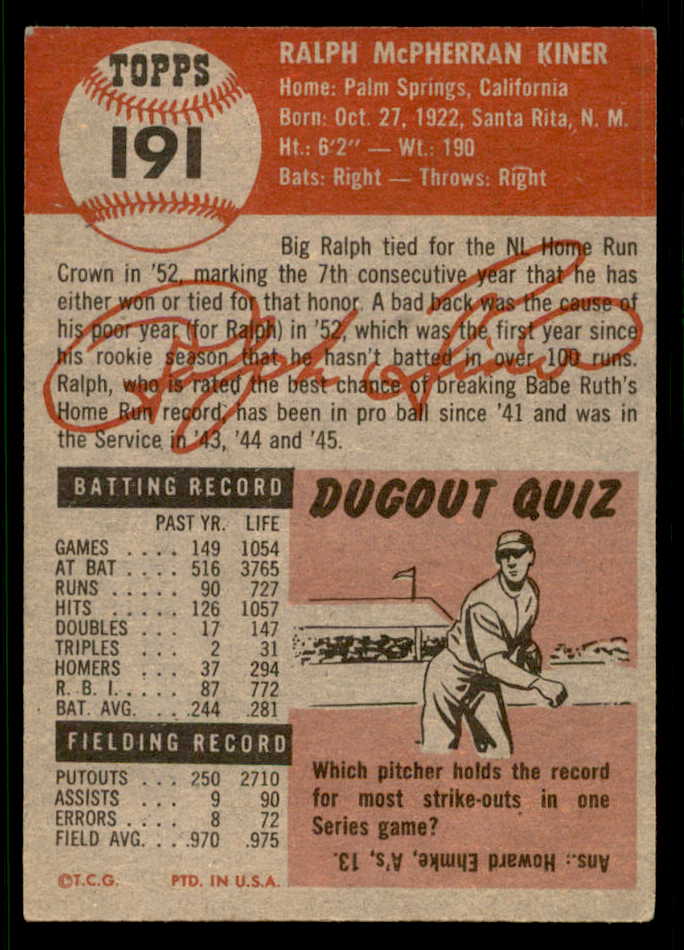 1953 Topps Baseball #191 Ralph Kiner Pirates VG-EX 541852