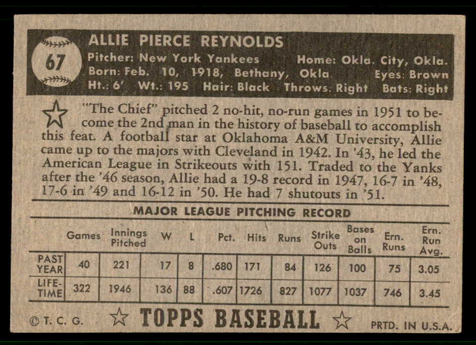 1952 Topps Baseball #067 Allie Reynolds Yankees EX Black 541862