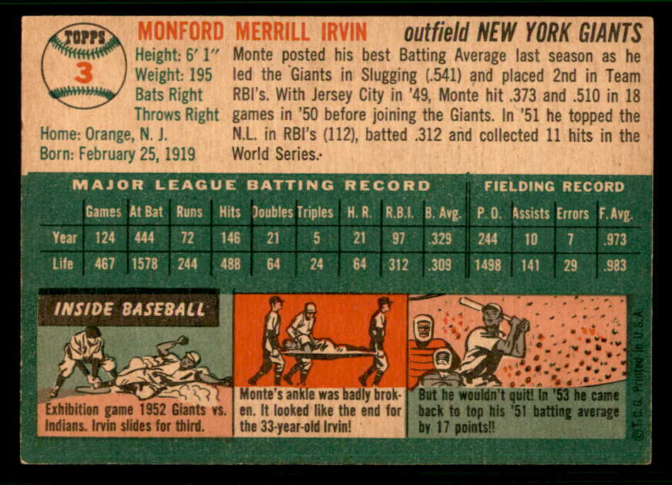 1954 Topps Baseball #003 Monte Irvin Giants EX-MT 541874