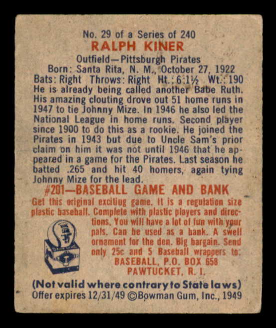 1949 Bowman Baseball #029 Ralph Kiner Pirates EX+/EX-MT 541884