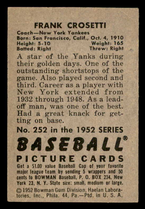 1952 Bowman Baseball #252 Frank Crosetti Yankees EX 541887
