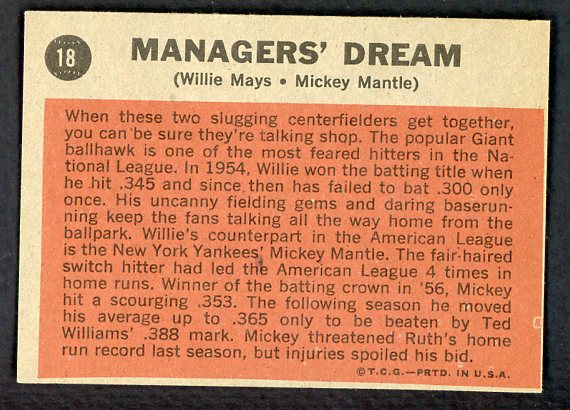 1962 Topps Baseball #018 Mickey Mantle Willie Mays EX-MT 541905