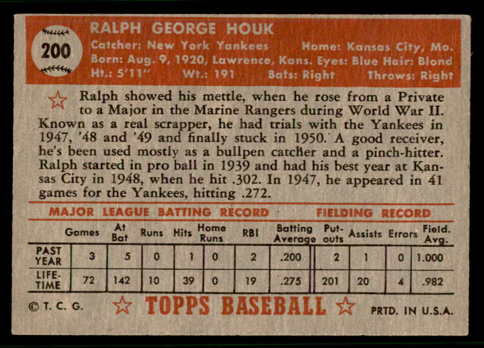 1952 Topps Baseball #200 Ralph Houk Yankees VG 541929