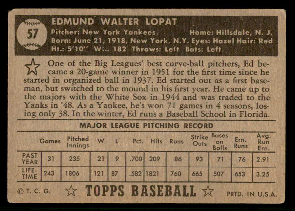 1952 Topps Baseball #057 Eddie Lopat Yankees VG Black 541932