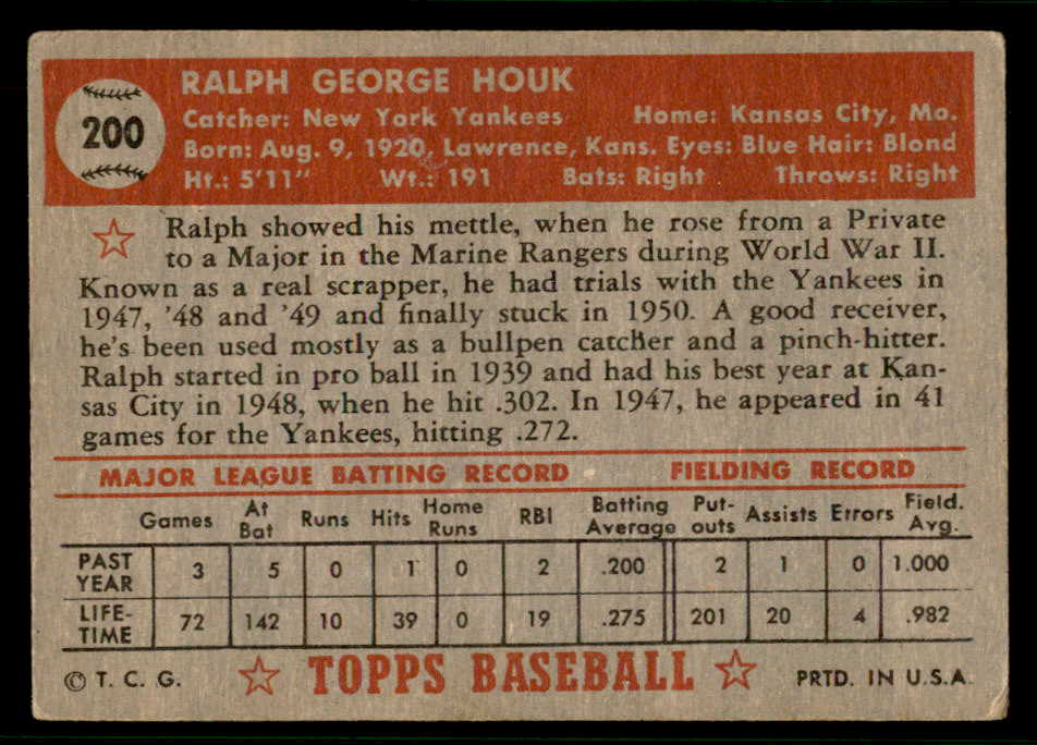 1952 Topps Baseball #200 Ralph Houk Yankees VG 541934