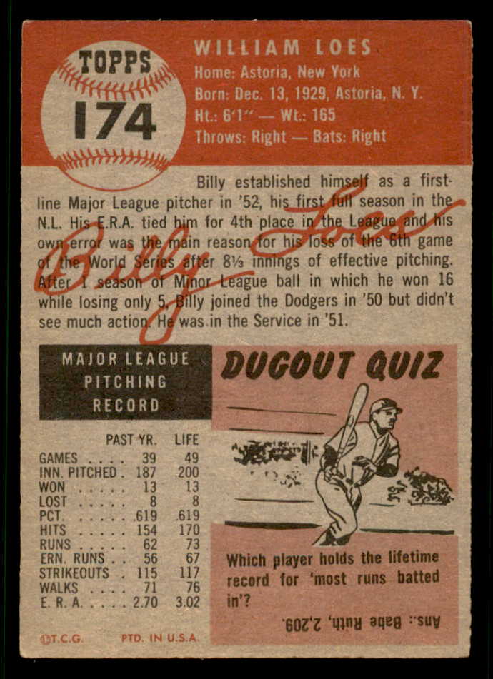 1953 Topps Baseball #174 Billy Loes Dodgers VG-EX 541953
