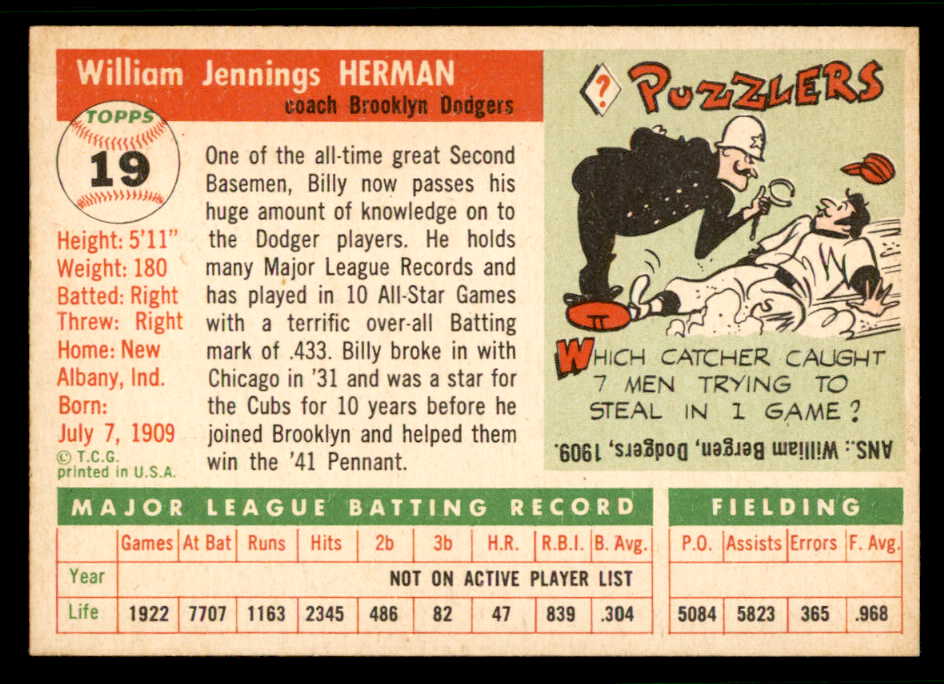 1955 Topps Baseball #019 Billy Herman Dodgers EX-MT 541990