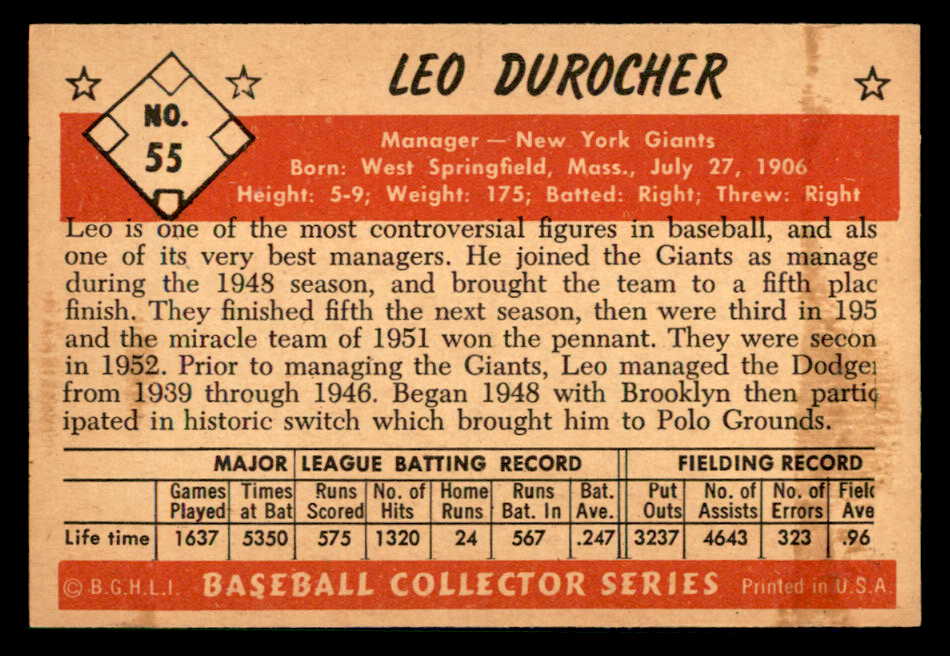1953 Bowman Color Baseball #055 Leo Durocher Giants EX-MT 542000