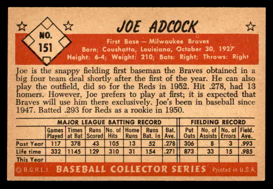 1953 Bowman Color Baseball #151 Joe Adcock Braves VG-EX 542004