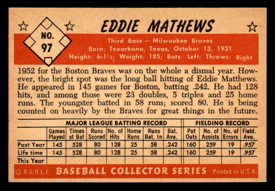1953 Bowman Color Baseball #097 Eddie Mathews Braves VG trimmed 542011