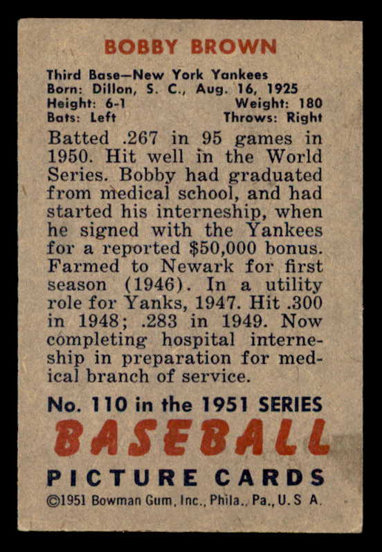 1951 Bowman Baseball #110 Bobby Brown Yankees VG-EX 542046