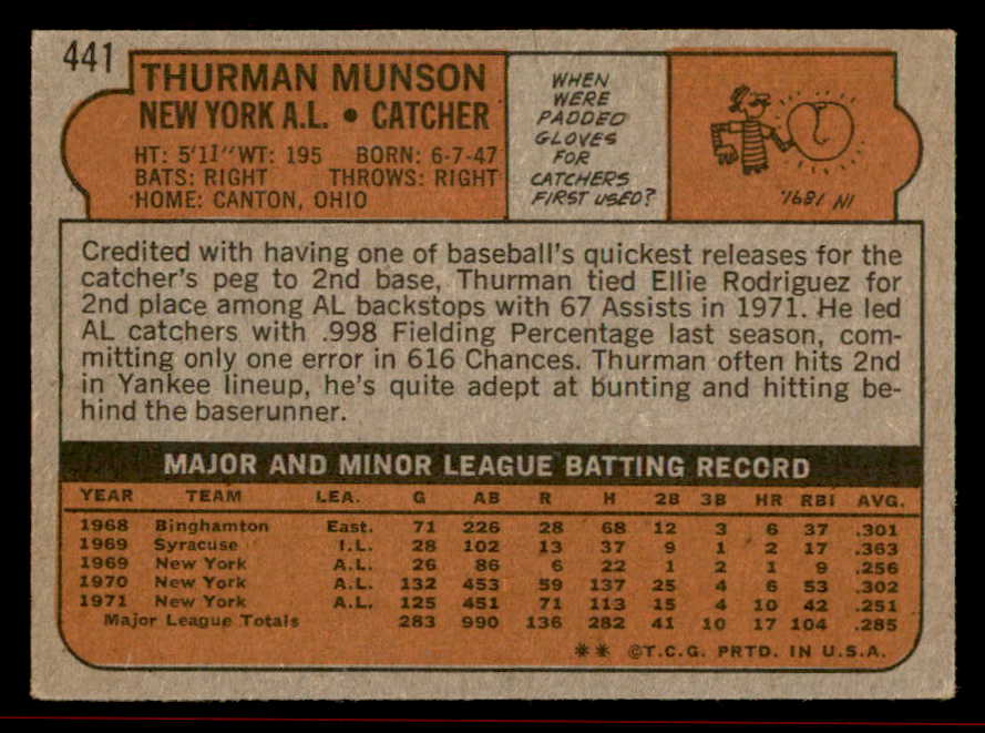 1972 Topps Baseball #441 Thurman Munson Yankees VG-EX 542142