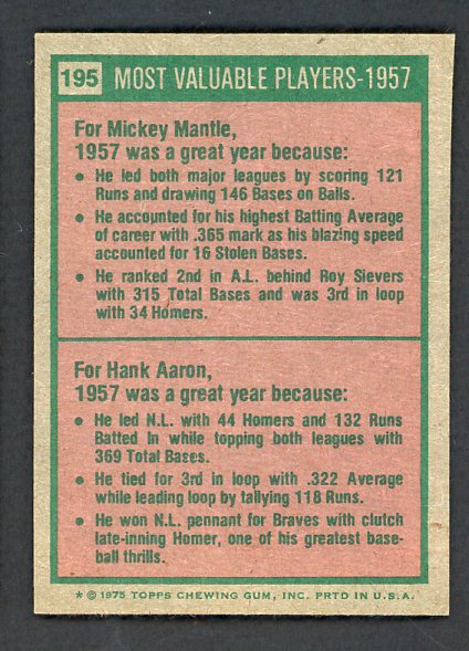 1975 Topps Baseball #195 Mickey Mantle Hank Aaron EX-MT 542258