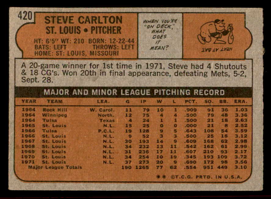 1972 Topps Baseball #420 Steve Carlton Cardinals VG 542269