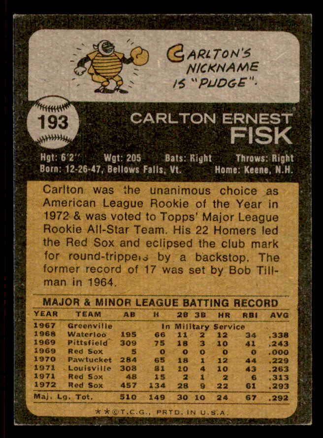 1973 Topps Baseball #193 Carlton Fisk Red Sox EX-MT 542304