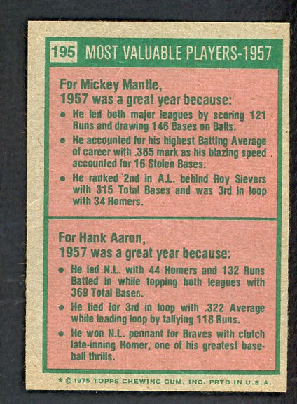 1975 Topps Baseball #195 Mickey Mantle Hank Aaron EX-MT 542356