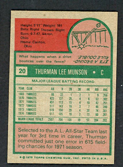 1975 Topps Baseball #020 Thurman Munson Yankees EX-MT 542362