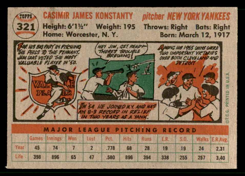 1956 Topps Baseball #321 Jim Konstanty Yankees EX-MT 542389