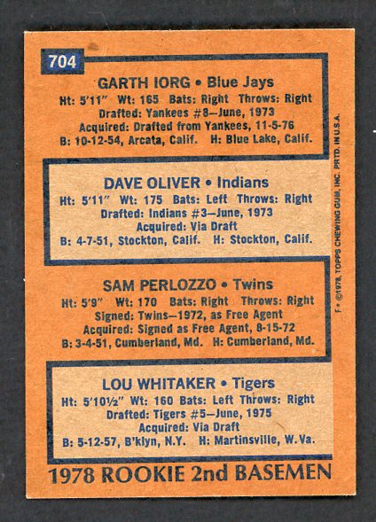 1978 Topps Baseball #704 Lou Whitaker Tigers NR-MT 542416