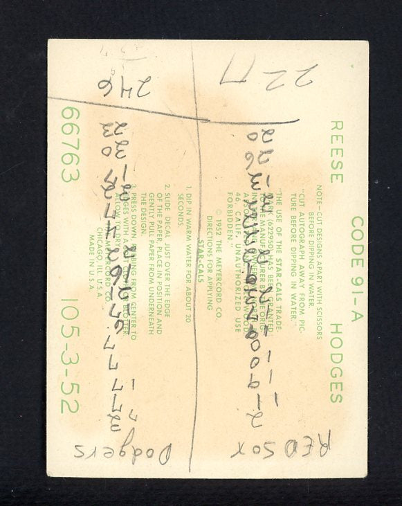 1952 Star Cal Decals 2 #091A Gil Hodges Pee Wee Reese no envelope 542472