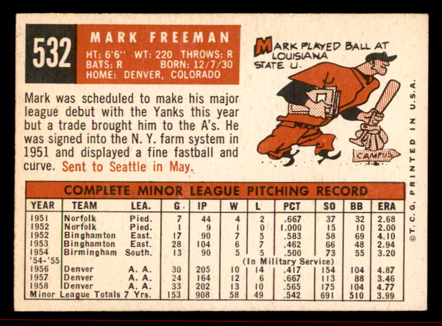 1959 Topps Baseball #532 Mark Freeman A's VG-EX/EX 542663